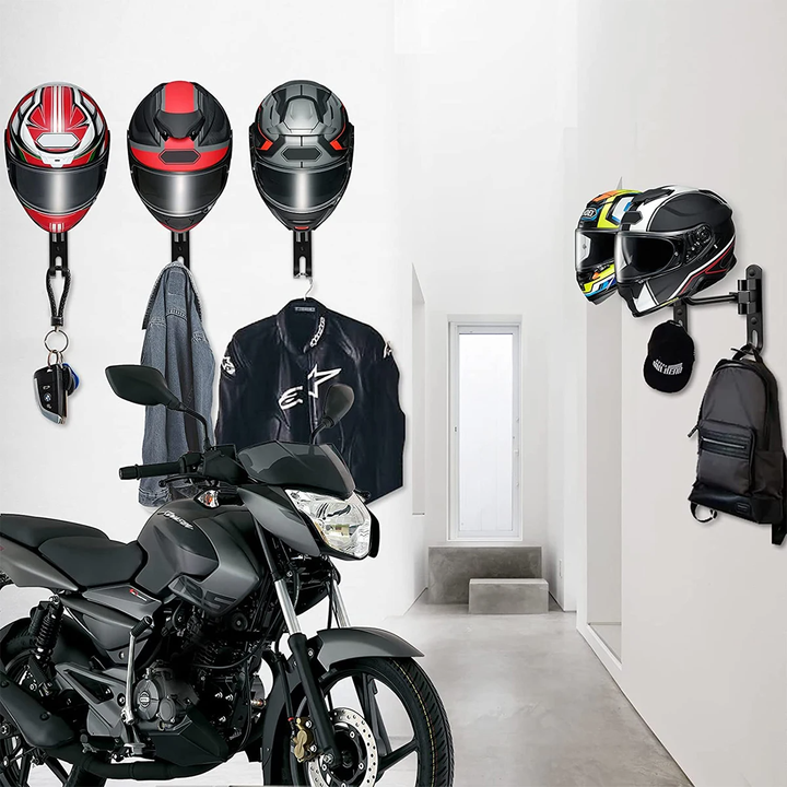 Robust metal motorcycle helmet & jacket wall organizer. Essential storage rack for any rider's garage.