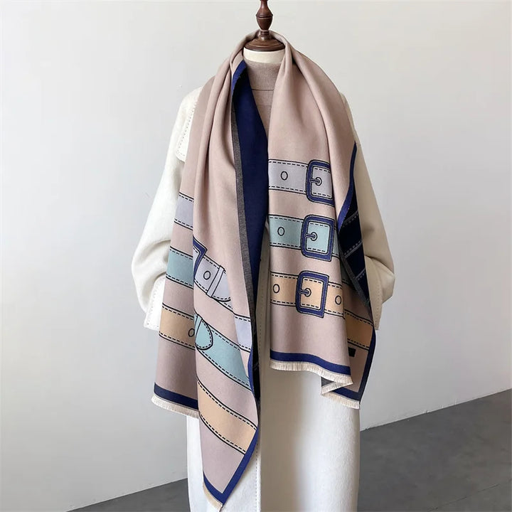 Unisex cashmere blend scarf showcasing an intricate belt buckle pattern, a soft, warm, and luxurious winter wrap.