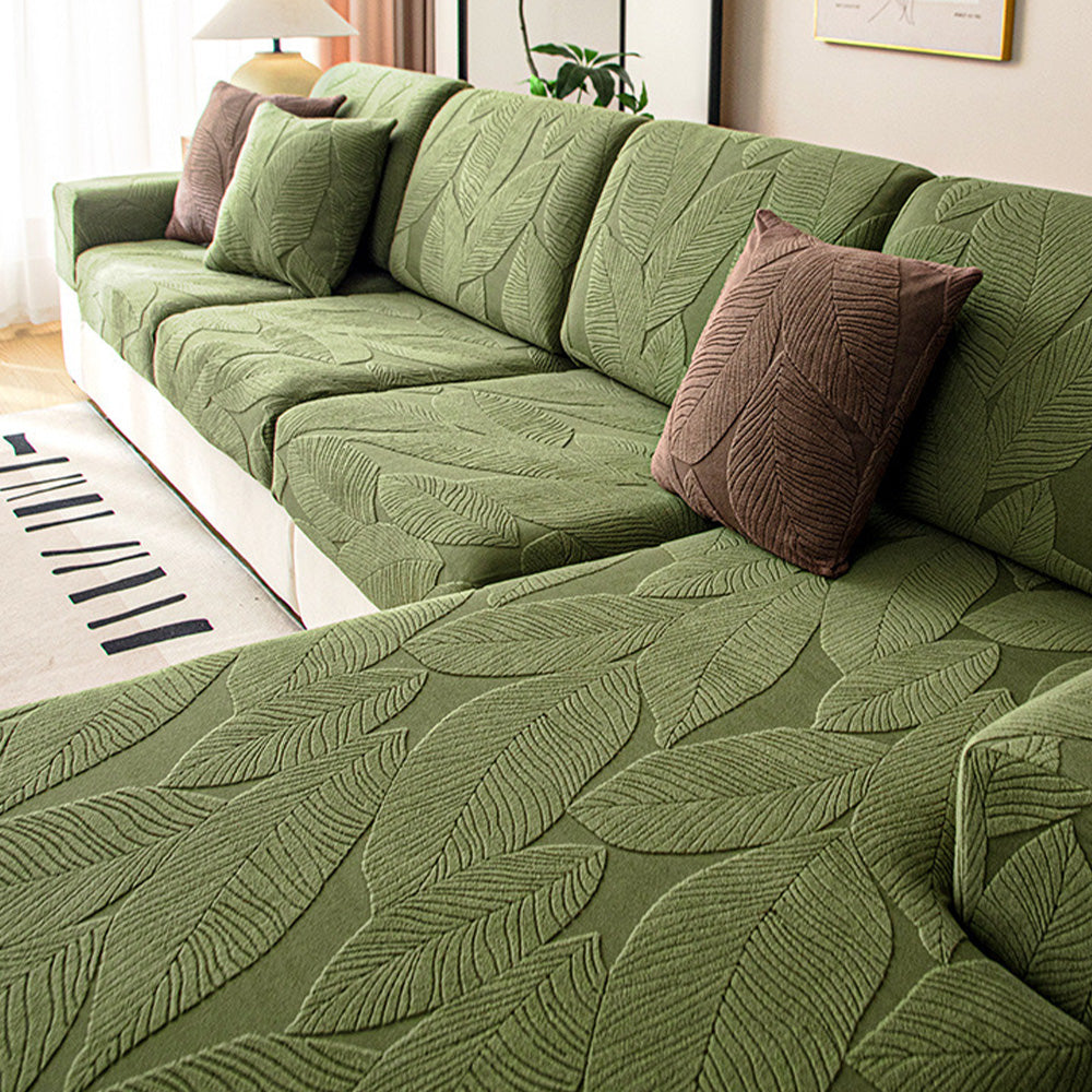 Elegant jacquard leaf pattern waterproof stretch sofa cover; pet-friendly & stain-resistant furniture protector.