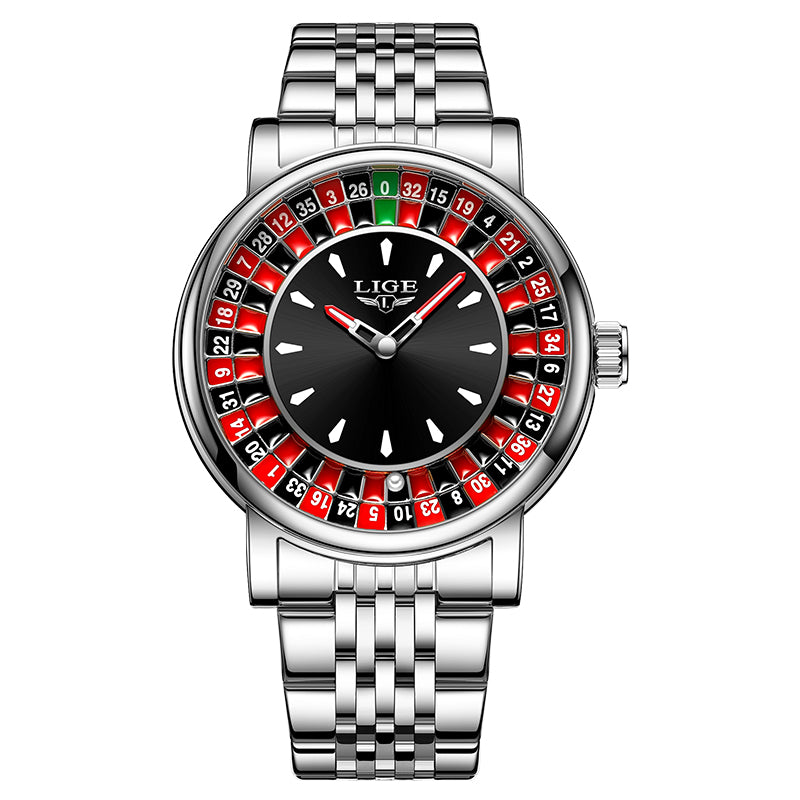 Stylish men's watch, bold roulette dial. A unique fashion statement for modern men with leather or steel straps.