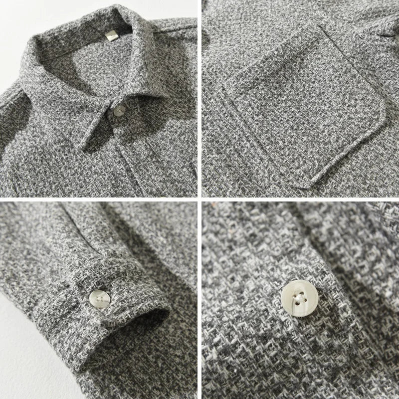 Soft men's gray boucle knitted button-down shirt, a comfortable and versatile top for everyday wear.