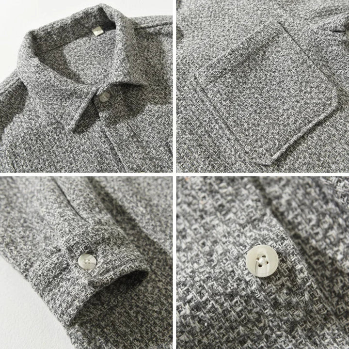Soft men's gray boucle knitted button-down shirt, a comfortable and versatile top for everyday wear.