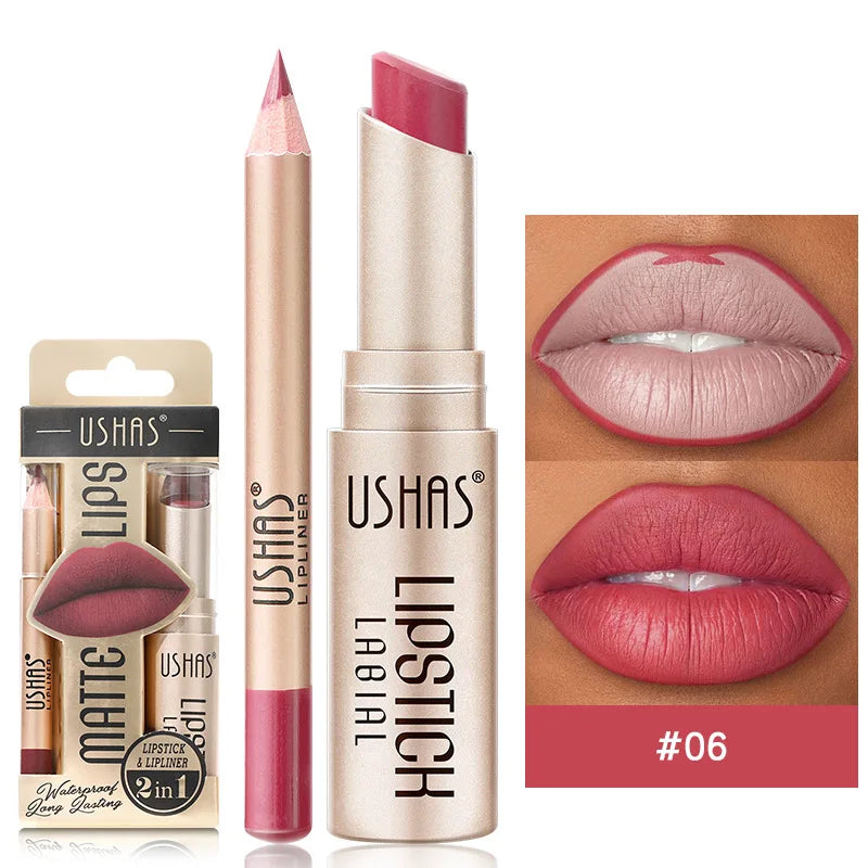 Beauty tool: women's 2-in-1 matte lipstick & lip liner. Waterproof, long-lasting, perfect lip definition.
