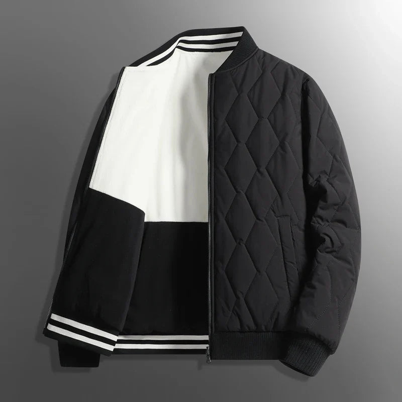 Stylish men's winter jacket in a snowflake design. Cozy outerwear for men's fashion, providing warmth for cold days.