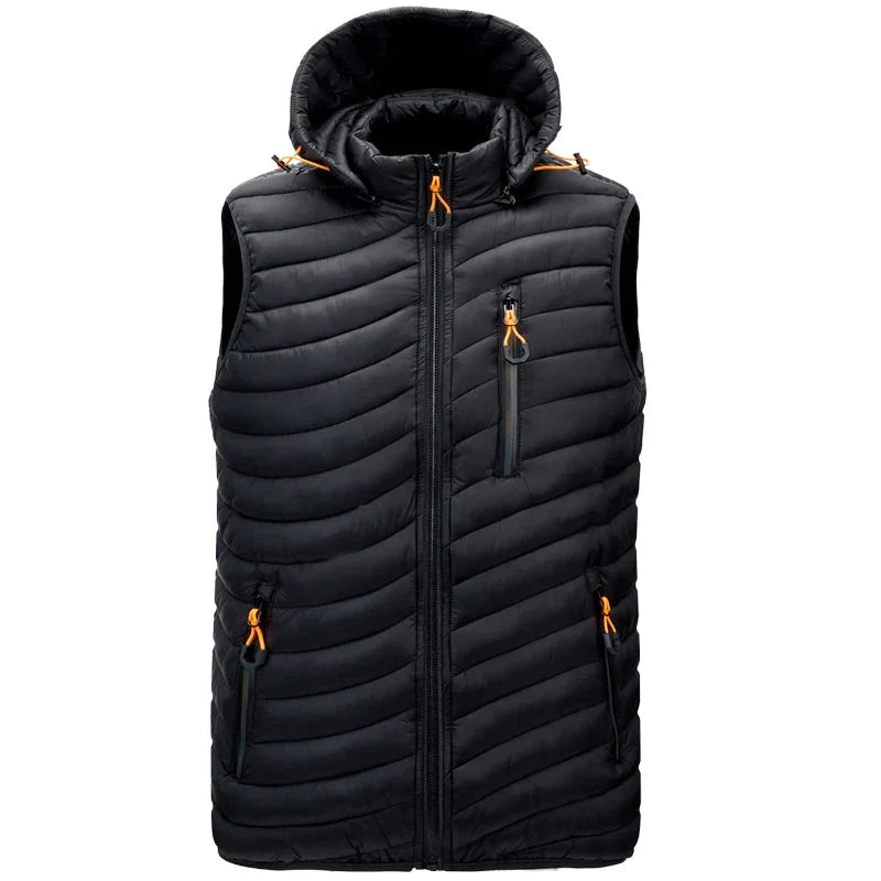 Casual men's puffer vest, perfect for outdoor activities & cold weather, features a detachable hood. (Gray)