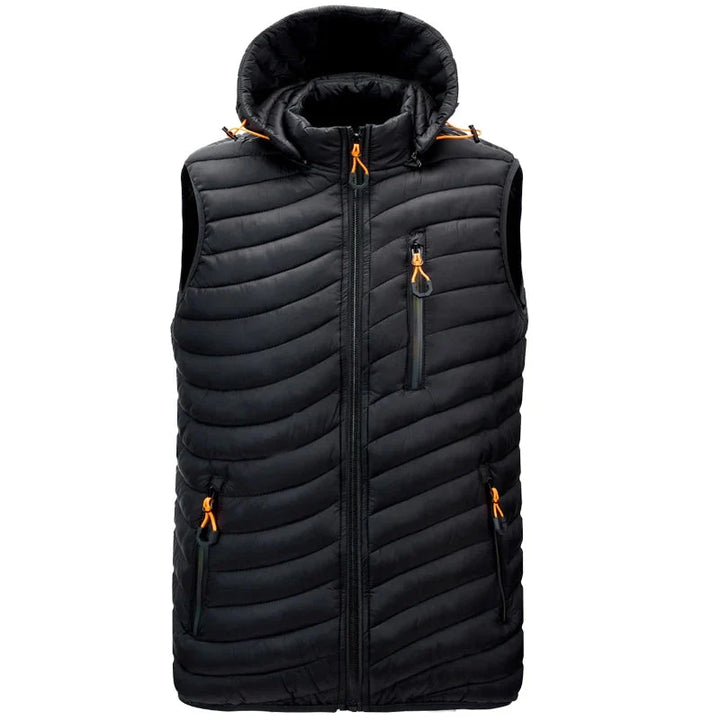 Casual men's puffer vest, perfect for outdoor activities & cold weather, features a detachable hood. (Gray)