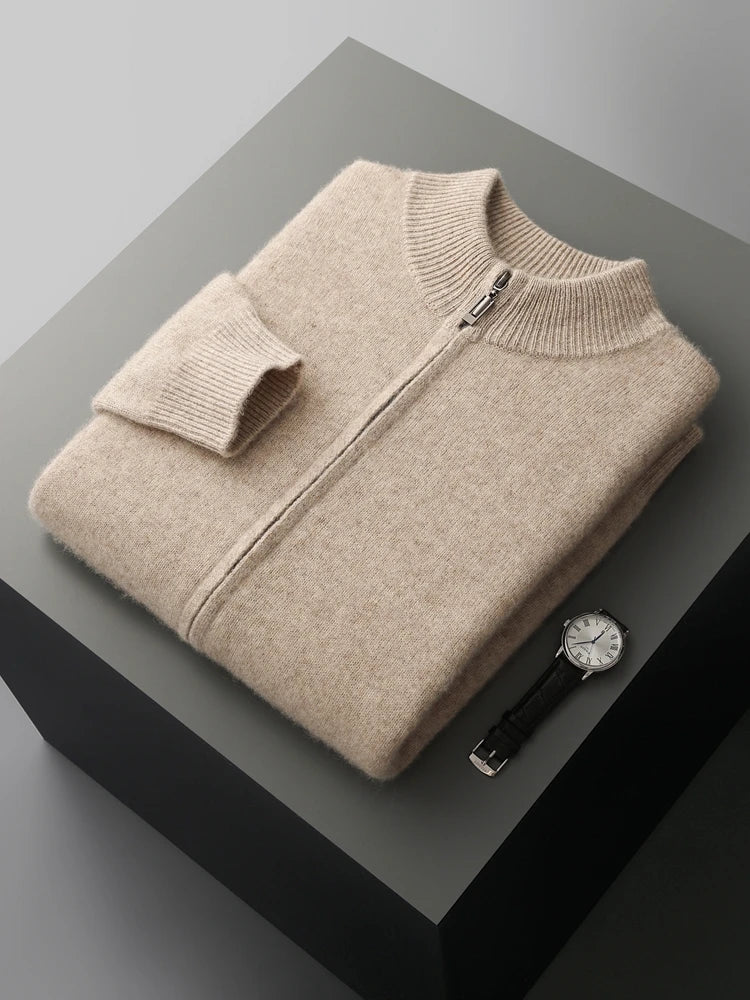 Neatly folded men's zip-front cardigan sweater, ready for casual or smart casual layering & comfort.