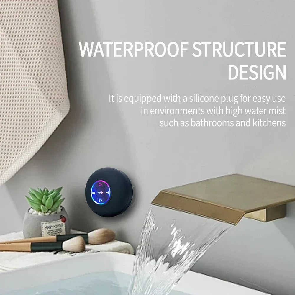 Rechargeable black portable speaker with LED light & powerful suction cup. Perfect water-resistant shower speaker.