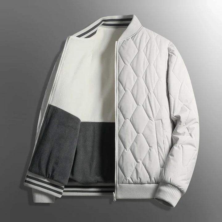 Warm men's winter jacket featuring a stylish snowflake design and a comfortable ribbed collar. Essential cold weather coat.