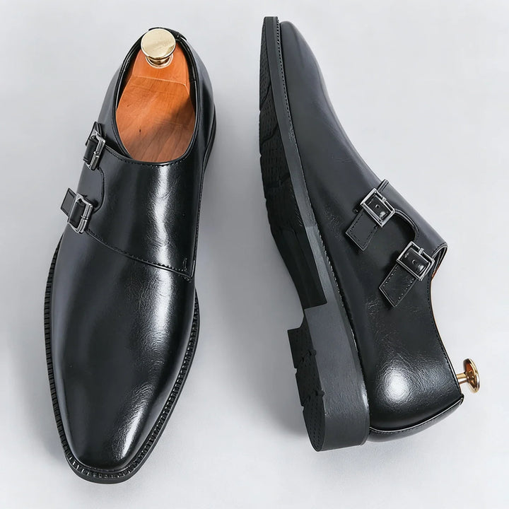 Brown Valmont men's double buckle loafers, a refined option for stylish dress shoe enthusiasts.