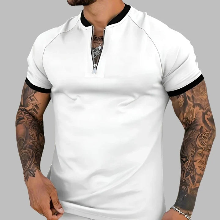 Sophisticated men's collared zip shirt, versatile for everyday wear & comfortable fit. Modern fashion.