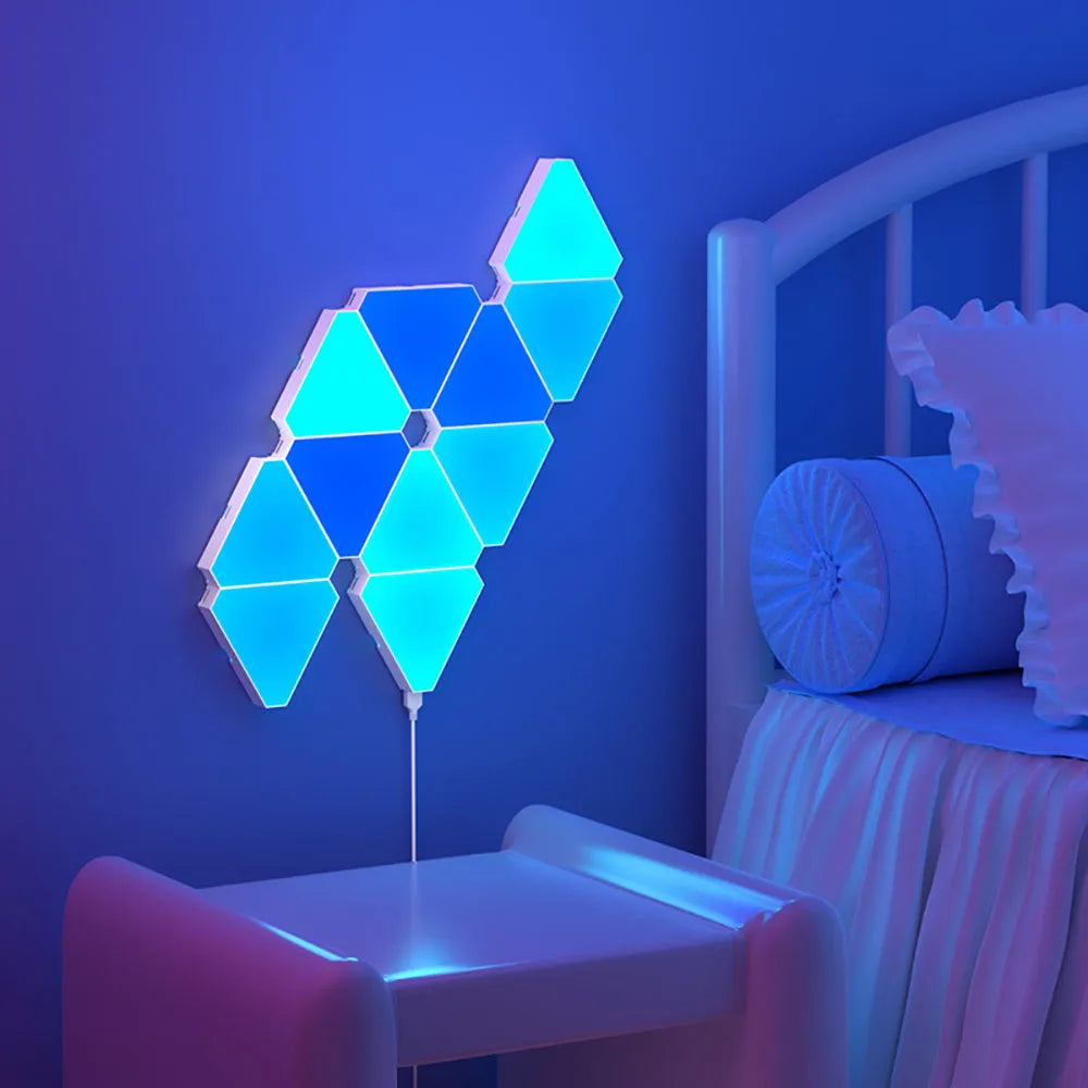 Triangular RGB LED panels, perfect wall decor for ambient home lighting.