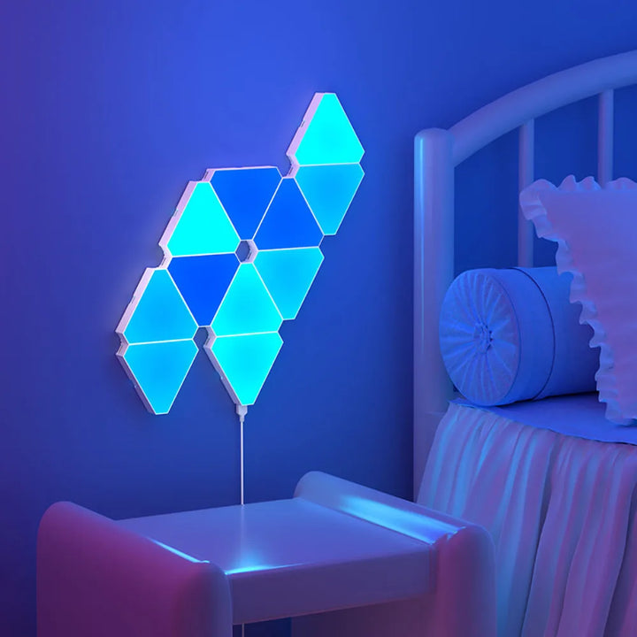 Triangular RGB LED panels, perfect wall decor for ambient home lighting.