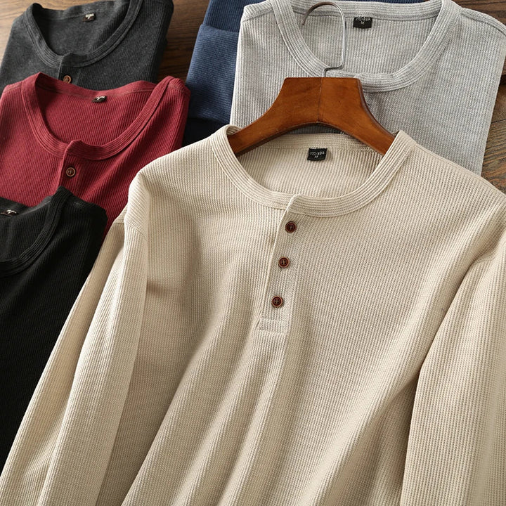Men's long sleeve waffle knit top. An essential classic for seasonal wear.