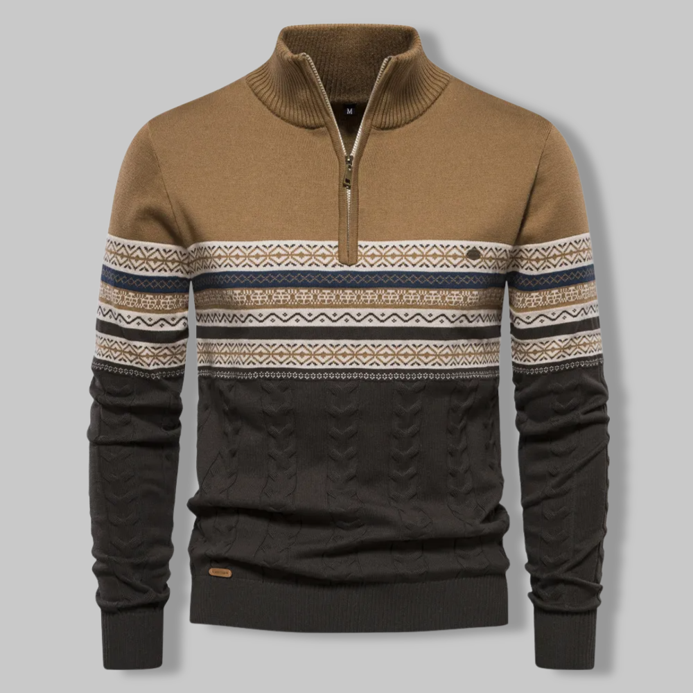 Classic men's quarter zip sweater with subtle alpine pattern, ideal for cozy & stylish outfits.