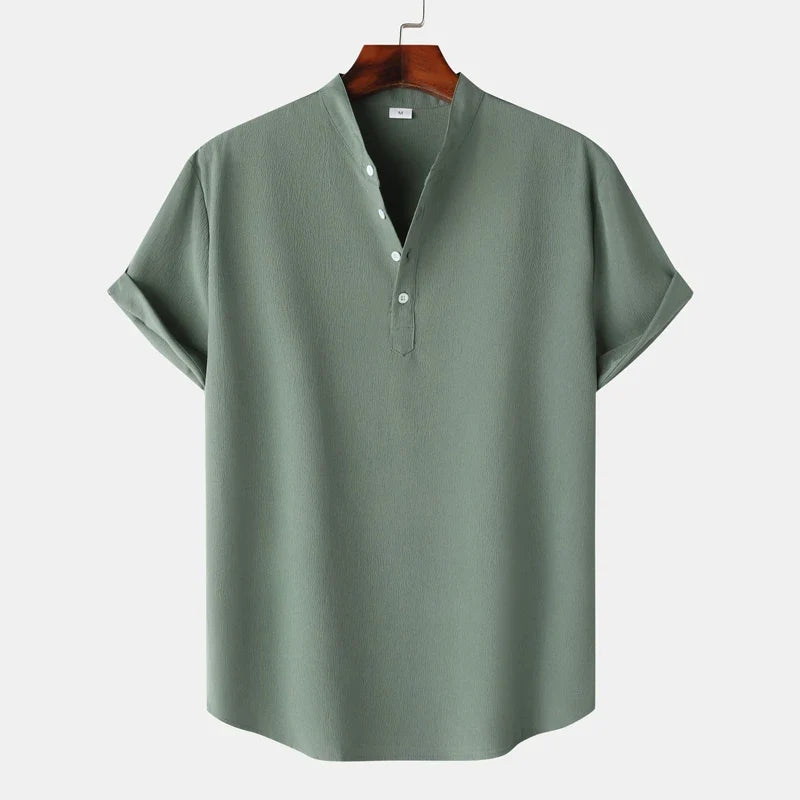 Men's natural tone long sleeve henley shirt, a classic and comfortable casual top for everyday wear.