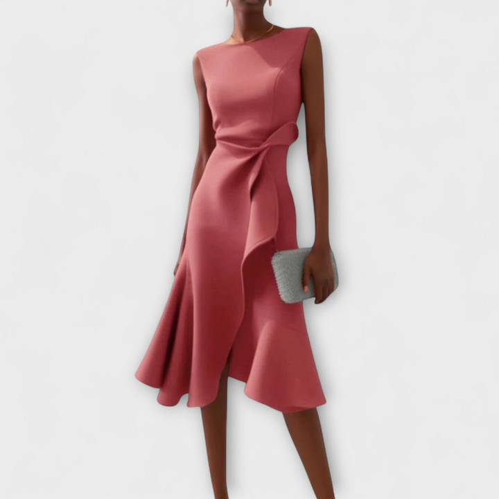 Flattering women's midi dress, sleeveless with an elegant draped knot bodice and a sophisticated ruffle hem. Occasion wear.