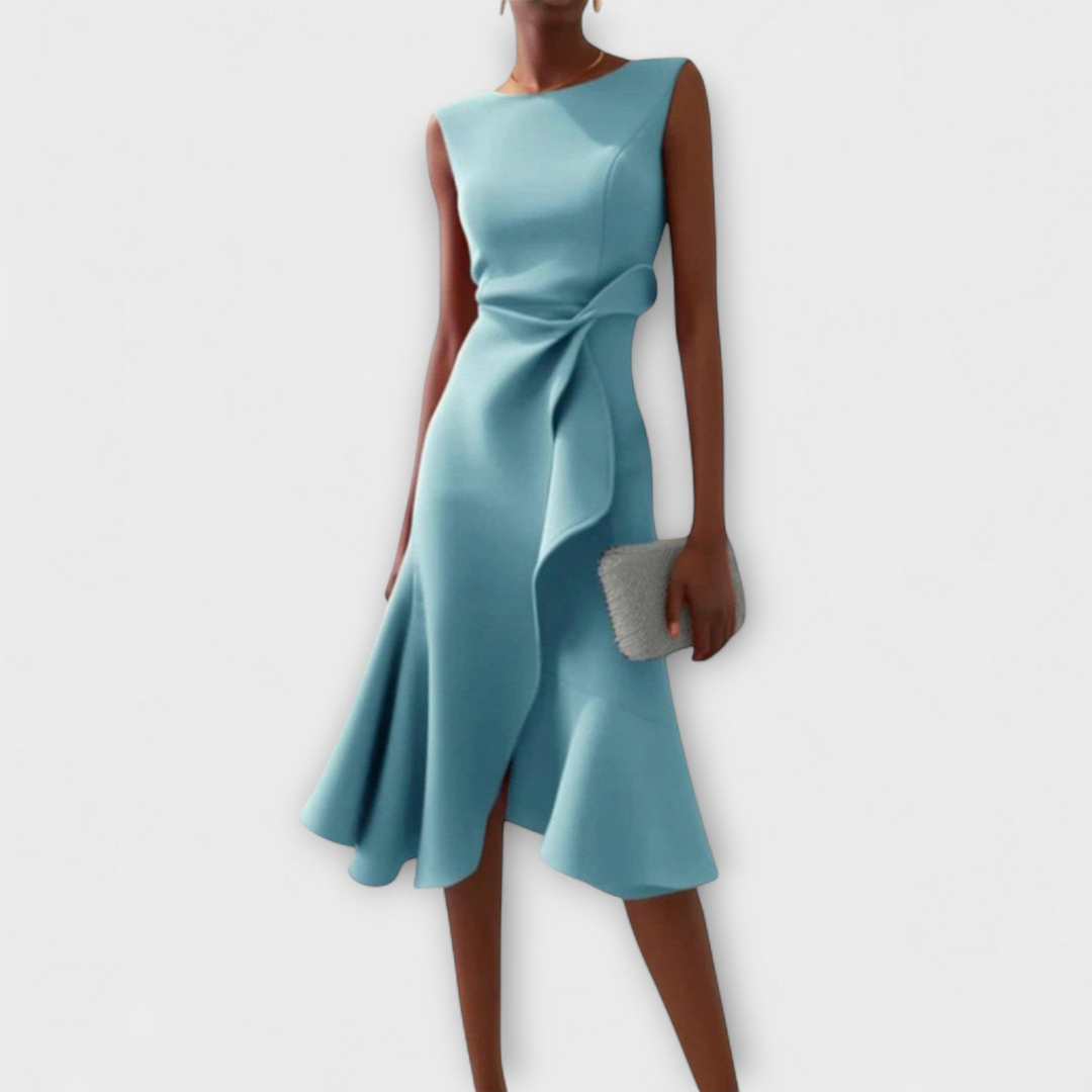 Sleeveless midi dress for women, with a modern draped knot detail and a stylish ruffle hem. Perfect for parties or evenings.