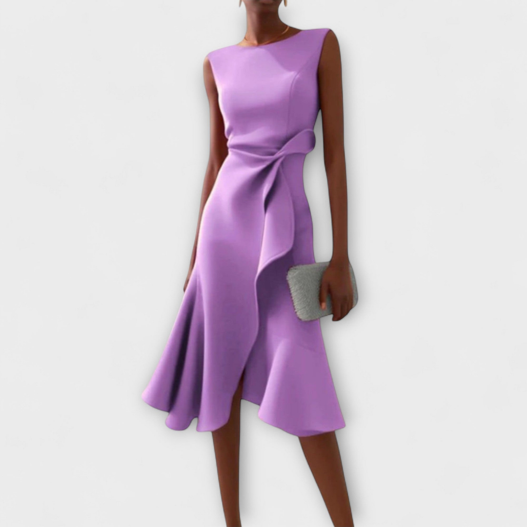 Stylish women's draped knot midi dress with a delicate ruffle hem. Sleeveless design, suitable for elegant occasions.