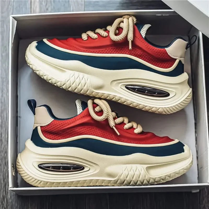 Men's Dynasty retro streetwear sneakers in red, beige, camel. Blending stylish fashion with durable walking comfort.