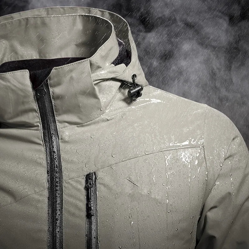 Army green men's all-weather hooded jacket, windproof & waterproof technical outerwear for versatile active use.