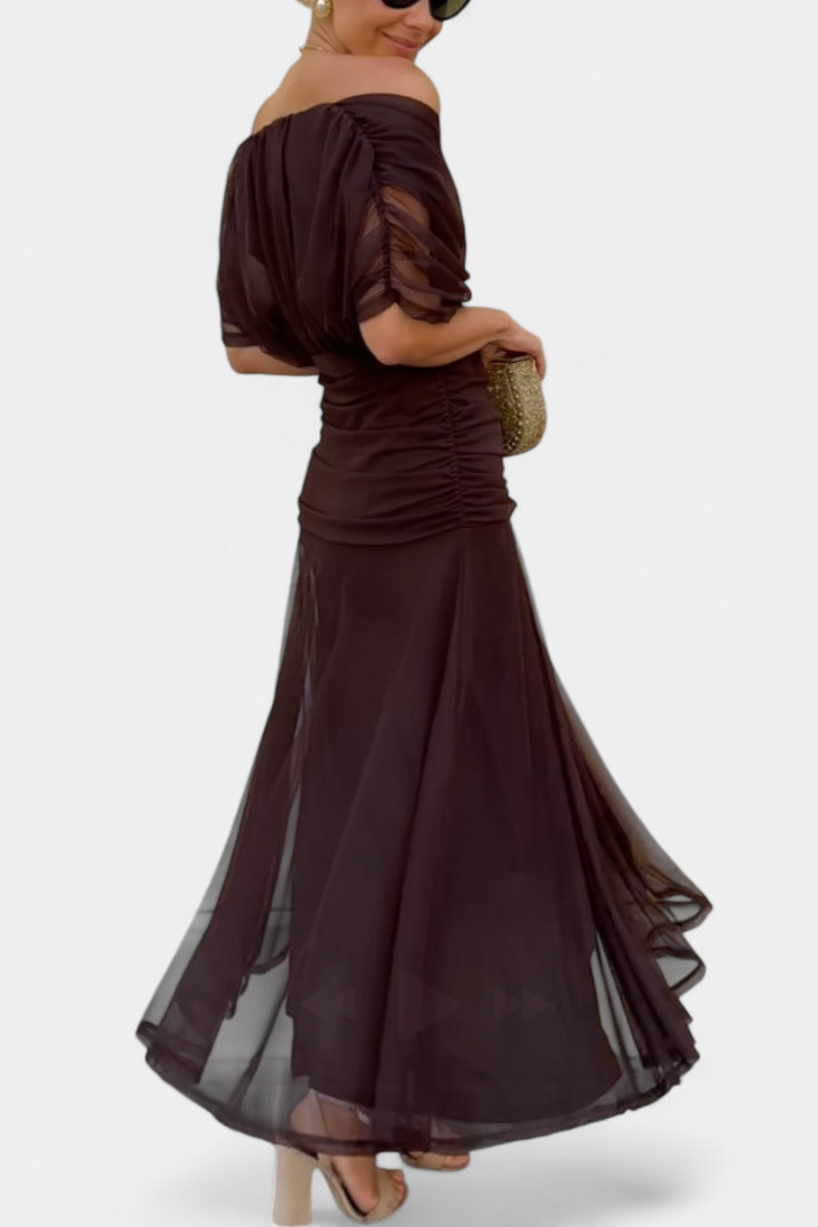 Beautiful women's floral maxi dress, off-shoulder style with ruched sweetheart, a chic choice for spring events.