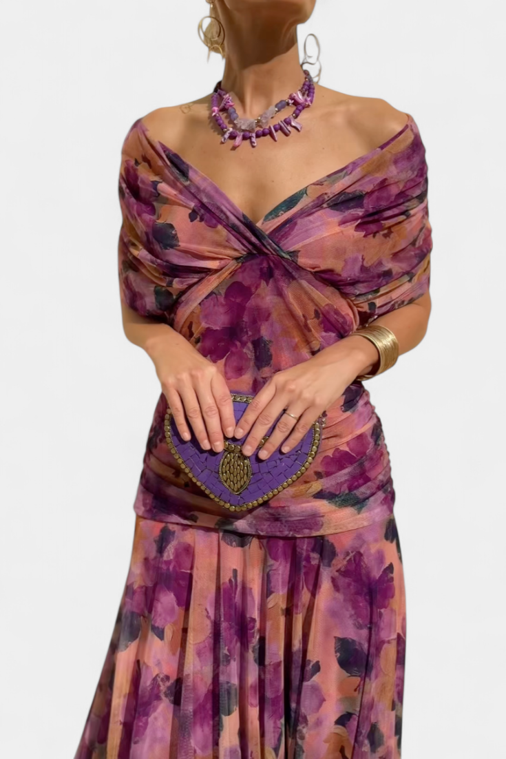 Beautiful women's occasion dress: off-shoulder floral maxi with a flattering ruched sweetheart neckline.
