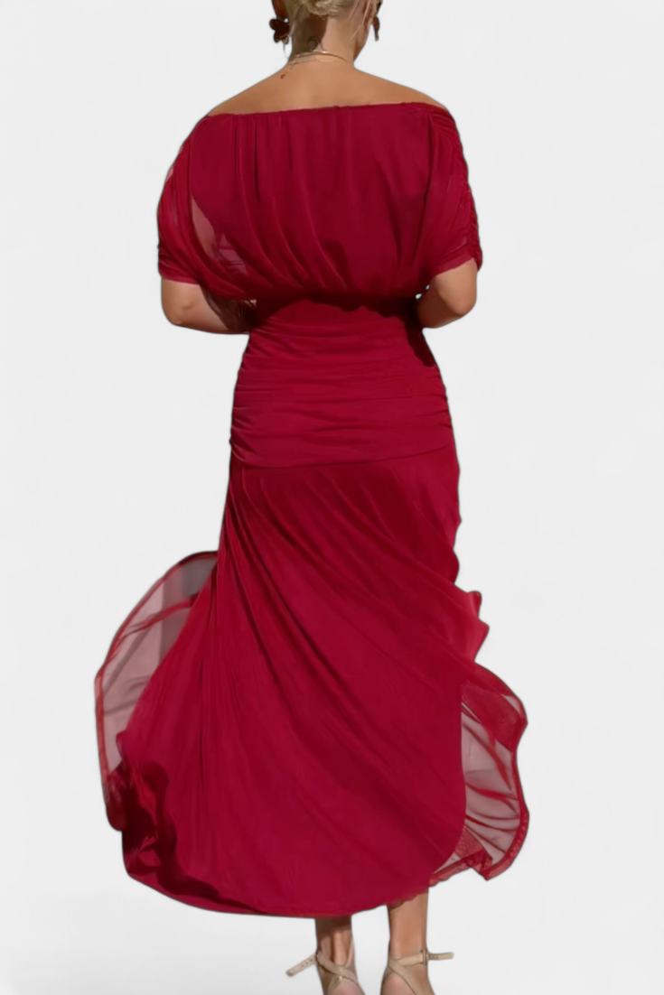 Women's formal off-shoulder floral maxi dress, ruched sweetheart neckline. Elegant choice for wedding guests.