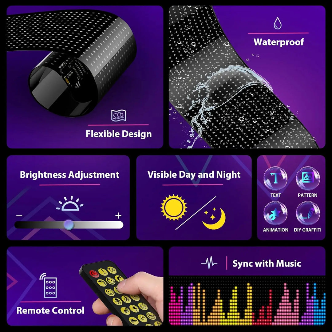 Vibrant RGB LED message sign, customizable colors for car windows or store advertising. App-controlled.