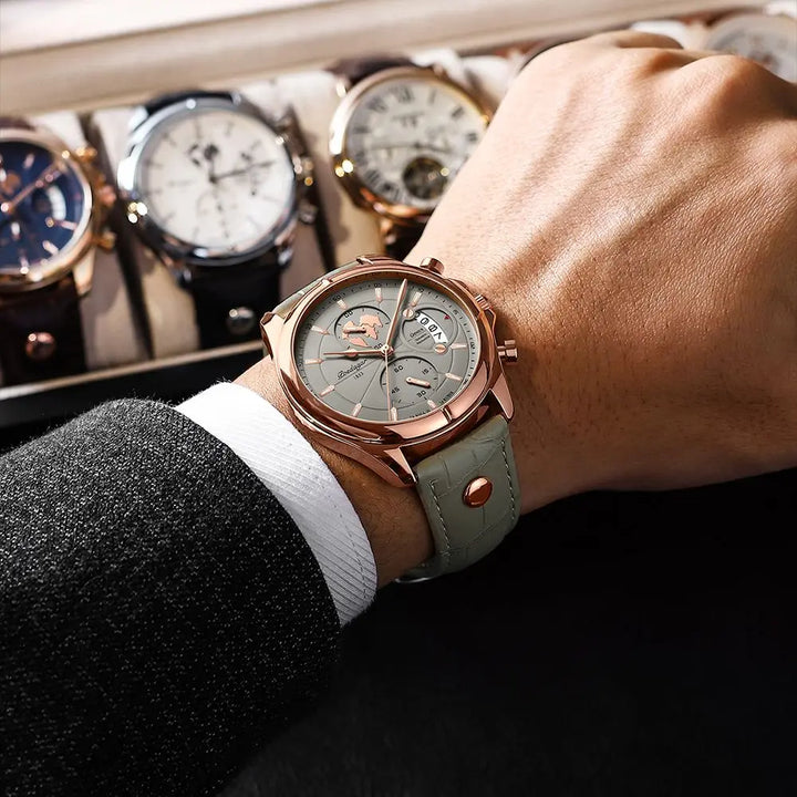 Khaki green men's classic watch, durable stainless steel, elegant three-dial design, perfect for dress.