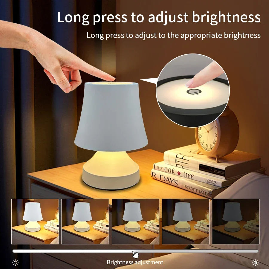 Adjustable color LED mood lamp, USB rechargeable. Perfect bedside or desk lighting solution.