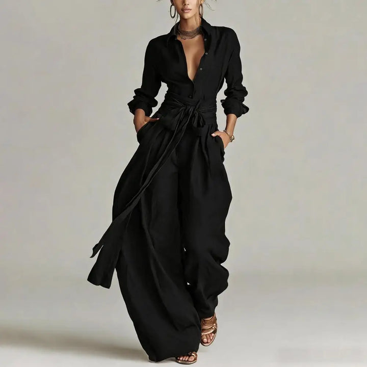 Breathable linen co-ord set for women featuring a stylish button shirt and comfortable wide-leg pants.