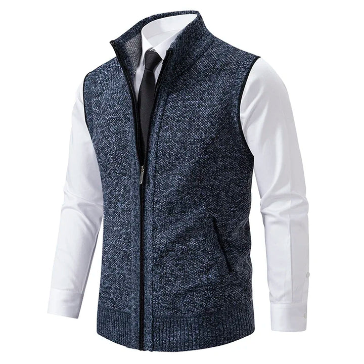 Gray men's wool blend vest, perfect for formal or casual layering. Comfortable & stylish menswear.