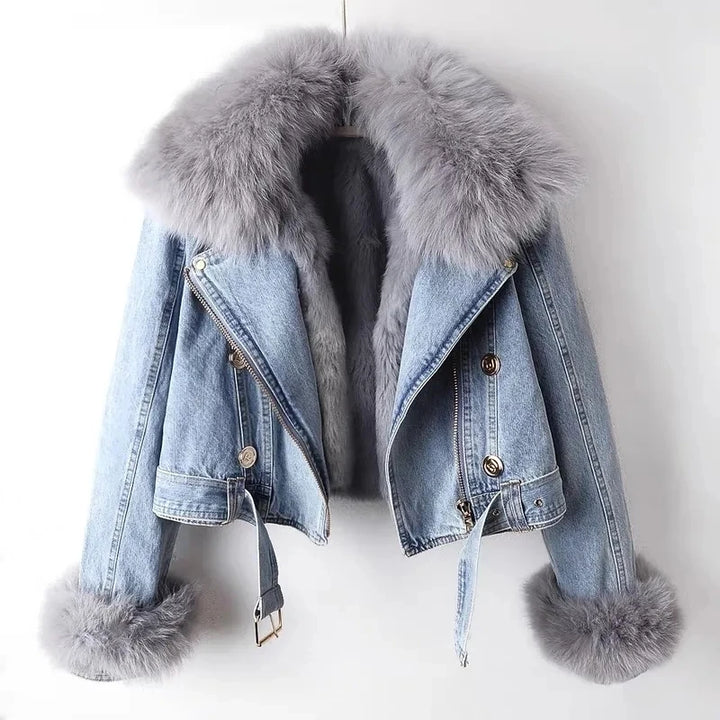 Women's bold fashion jacket with cozy plush interior trim. Stylish winter outerwear, perfect for layering & warmth.
