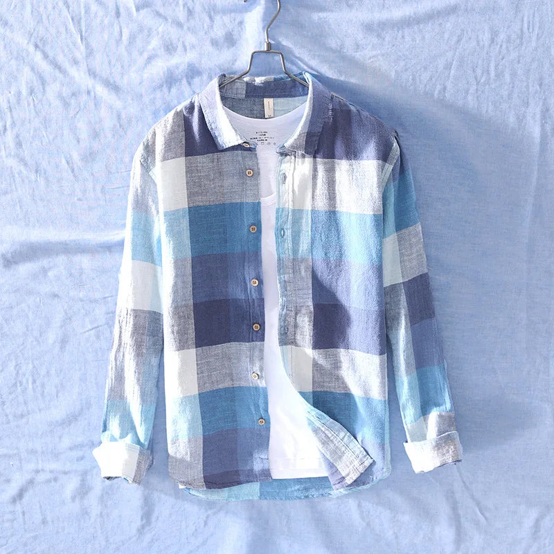 Men's relaxed fit cotton-linen checkered button-up shirt, perfect for casual summer wear. Breathable & stylish.