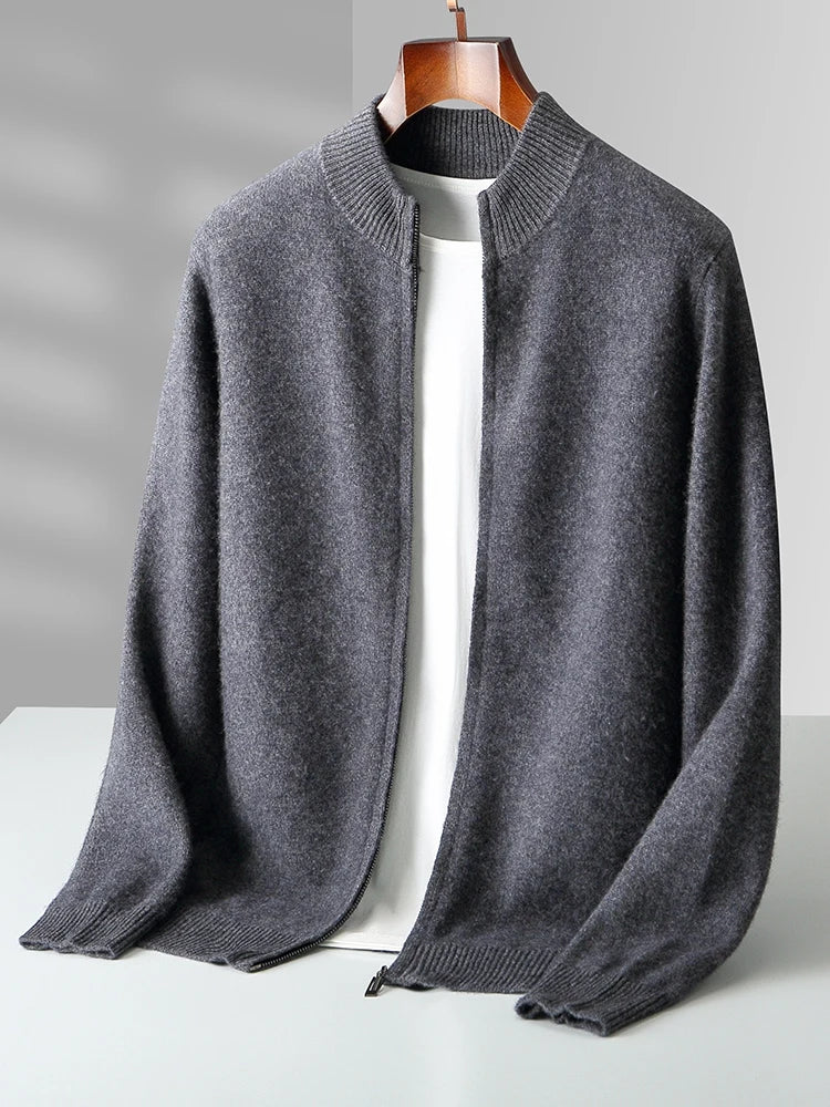 Stylish men's zip-front cardigan for versatile layering. Effortless smart casual long sleeve sweater.