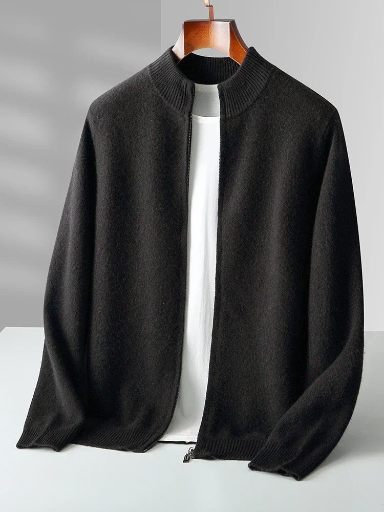 Soft knit men's zip-front cardigan, ideal for comfortable layering. A versatile long sleeve sweater for men.