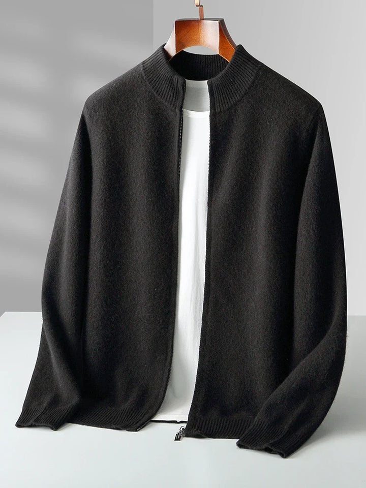 Soft knit men's zip-front cardigan, ideal for comfortable layering. A versatile long sleeve sweater for men.