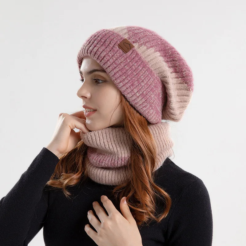 Fashionable winter beanie and warm neck gaiter set, crafted from soft acrylic. Essential cold weather accessory.