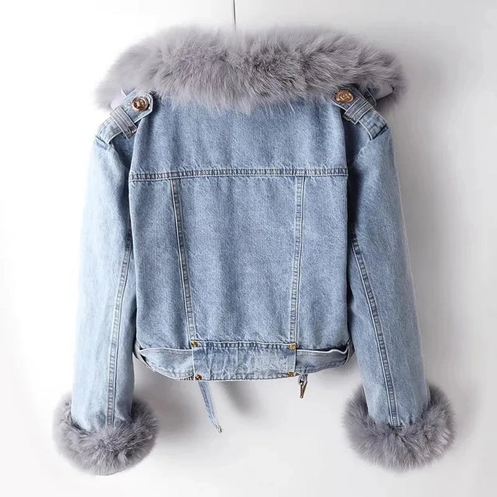 Stylish women's winter jacket with a bold design and warm, cozy plush trim. Fashion outerwear for cold weather.