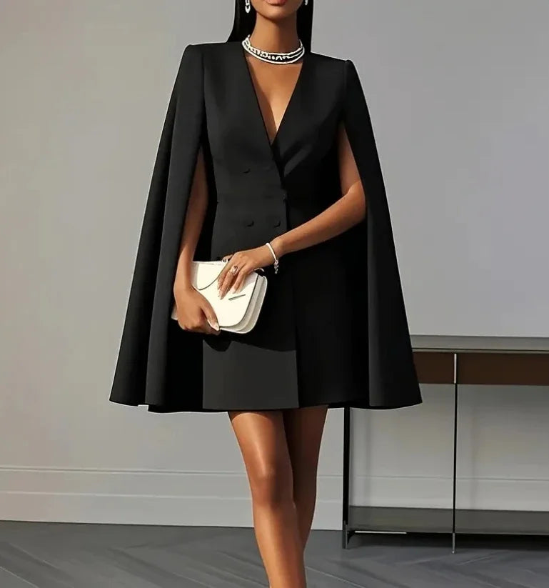 Fashionable women's blazer dress, V-neck design, and elegant flowing cape sleeves. A sophisticated cocktail mini dress.