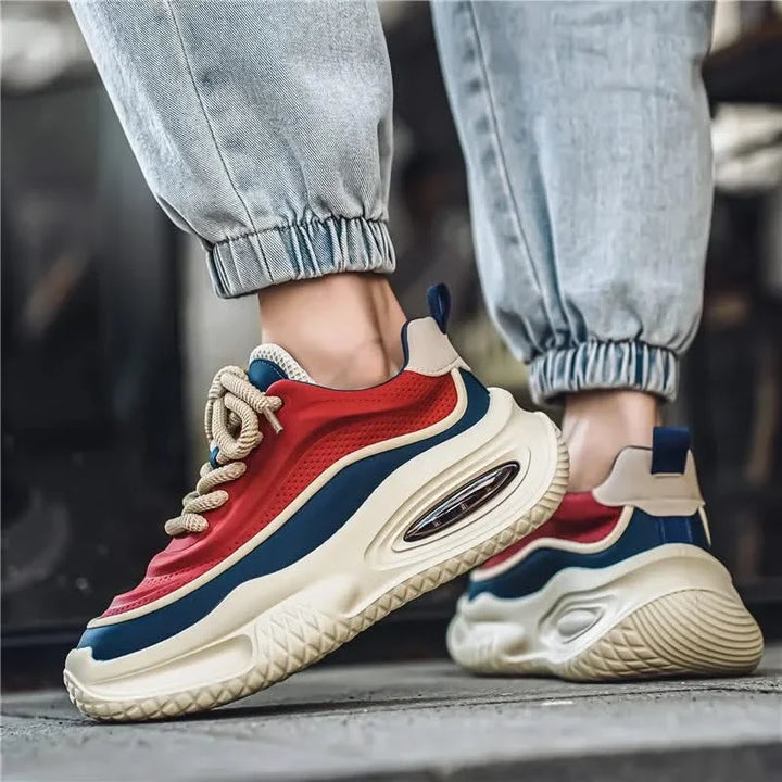 Red, beige & camel men's Dynasty retro comfort sneakers, offering durability & stylish appeal for casual & athletic fashion.