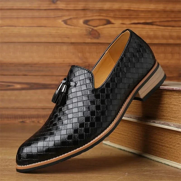 Men's woven tassel loafers, perfect for dress or casual smart wear. Comfortable slip-on formal footwear.
