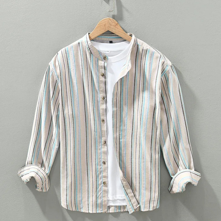 Men's lightweight short sleeve summer shirt with a stylish striped collar, perfect for casual warm weather.