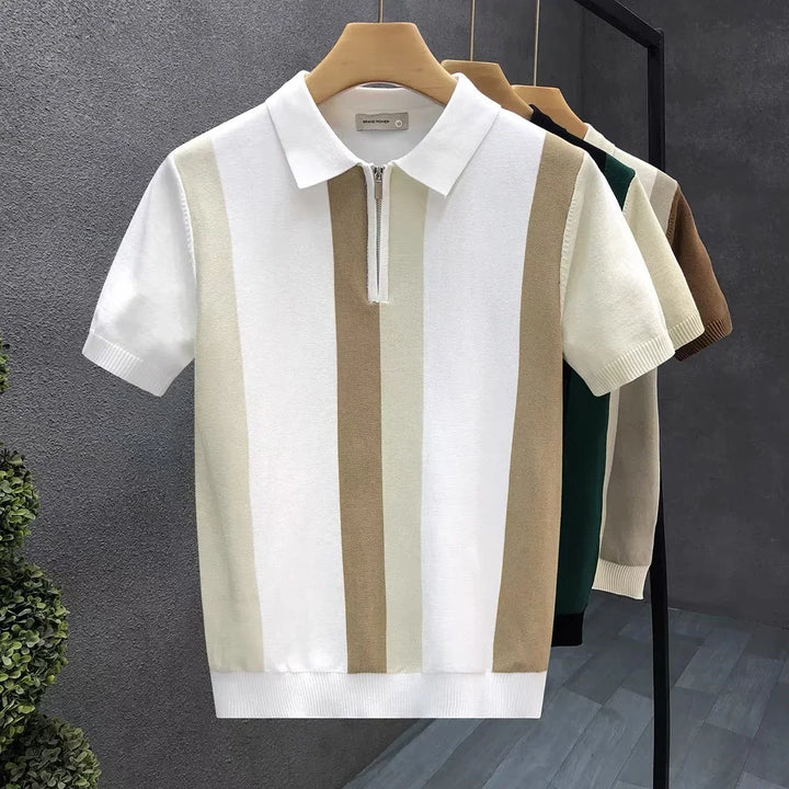 Black men's modern quarter-zip polo shirt with a stylish striped pattern. Ideal breathable casual top.