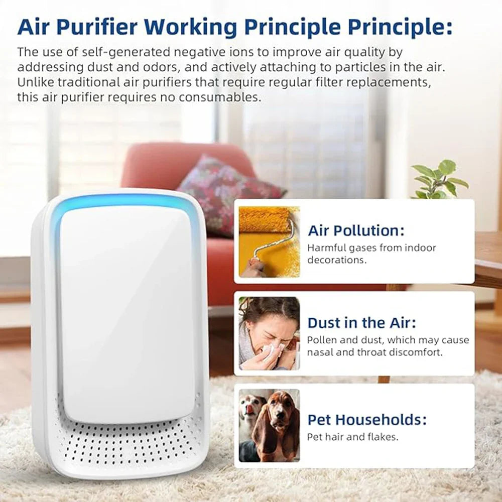 Mini ionizer air purifier for small spaces. Tavvitaimp18 eliminates pet odors, smoke, creating fresh air.