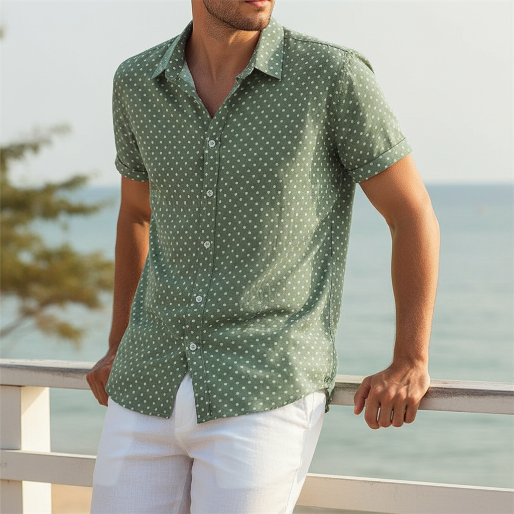 Casual men's summer polka dot shirt, a comfortable cabana style button-up for warm weather.