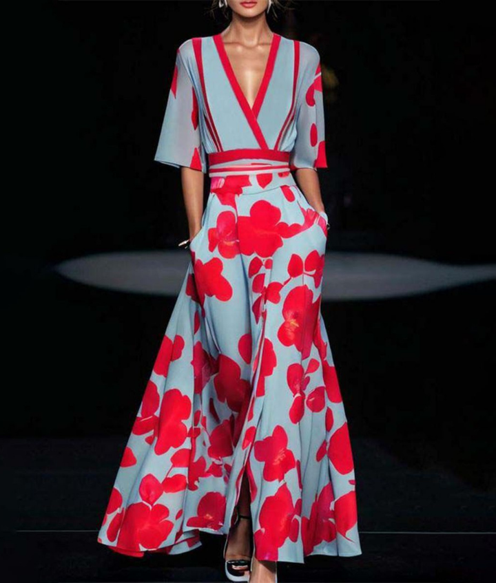 Statement floral print maxi wrap dress, ideal wedding guest or special occasion wear, featuring a flattering V-neck.