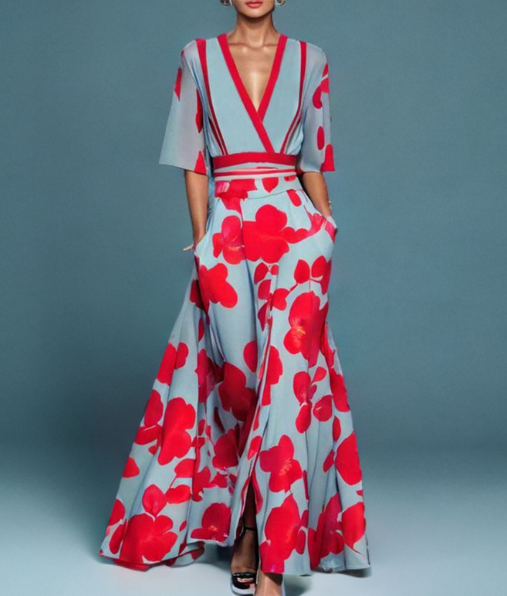 Graceful women's floral wrap maxi dress. Stylish V-neck, flutter sleeves, and flowing skirt for elegant resort wear.
