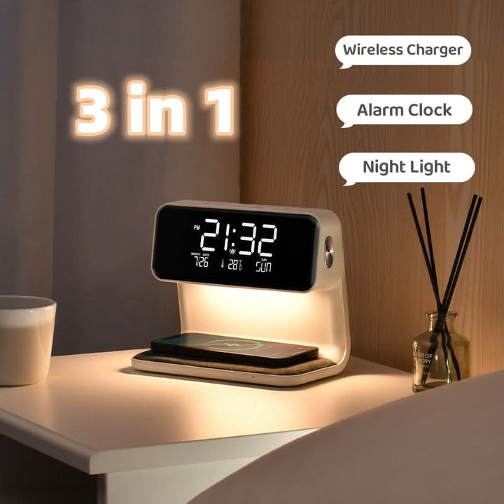Sleek desktop organizer featuring a wireless phone charger, LED lamp, and alarm clock for office or home.